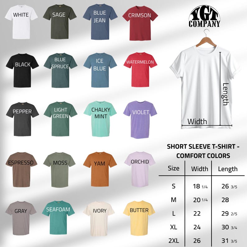 May include: A display of short sleeve t-shirts in various colors, including white, black, and blue jean. The image includes a size chart with measurements in inches for width and length. The brand name "IGT COMPANY" is visible.