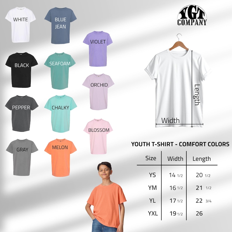May include: A display of youth t-shirts in various colors, including white, black, and gray. The image includes a size chart with measurements in inches for width and length. A young person is wearing an orange t-shirt.