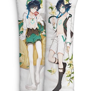 May include: Two white body pillow covers featuring anime-style illustrations. One shows a character in green and white attire holding an apple. The other depicts a character in white shorts and a jacket, holding a flower. Both have black hair and blue eyes.