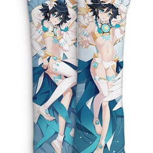 May include: A body pillow featuring a colorful anime-style illustration of a character with dark hair, blue eyes, and a light blue and gold outfit. The pillow has a white background with blue accents.