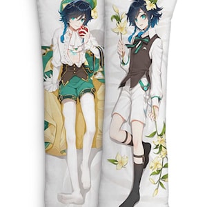 May include: Two long, white body pillows featuring anime-style illustrations. One shows a character in green shorts and a hat, holding an apple. The other depicts a character in white shorts and a vest, holding flowers. Both have blue hair.