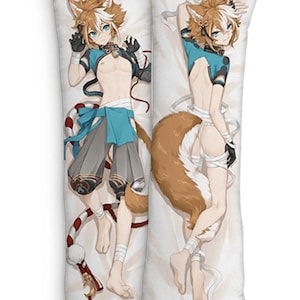 May include: Two white rectangular body pillows with a full-body anime illustration. The character has brown and white hair, blue eyes, and is wearing a blue and gray outfit with a fox tail. One pillow shows the front and the other the back.