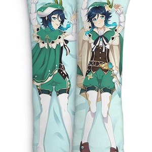 May include: Two long, rectangular body pillows featuring a full-body anime character design. The character has blue hair, green and white clothing, and brown shoes. The pillows are on a light blue background.