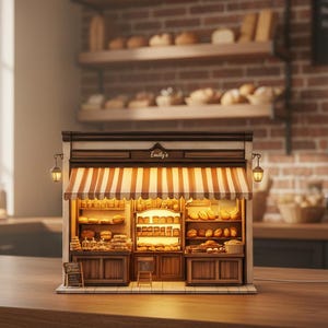 May include: A detailed miniature bakery, featuring a striped awning and the name "Emily's". The interior is illuminated, displaying shelves stocked with bread and pastries. Small lanterns flank the awning, adding to the charm.