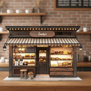 May include: A detailed miniature bakery model, labelled "Emily's", with a striped awning and display cases filled with baked goods. The model includes a small stool and crate, and is set on a wooden surface. The model is approximately 30 cm wide.