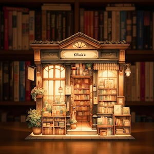 May include: A miniature bookstore model with the name "Olivia's" above the entrance. The model features detailed bookshelves, a window, and decorative plants. The color palette is warm, with shades of brown and gold, creating a cozy atmosphere.