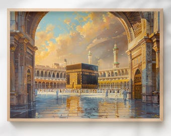 Peut inclure: Une impression d'art encadrée représentant la Kaaba à La Mecque, en Arabie Saoudite. L'œuvre d'art présente le site sacré avec une structure noire en forme de cube au centre, entourée d'une cour et de détails architecturaux. Le ciel est rempli de couleurs chaudes.
