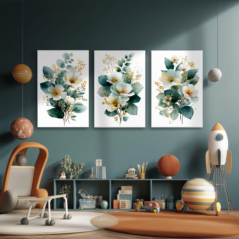 Boho Green Watercolor Flower Prints Set – Modern Botanical Art (digital ...