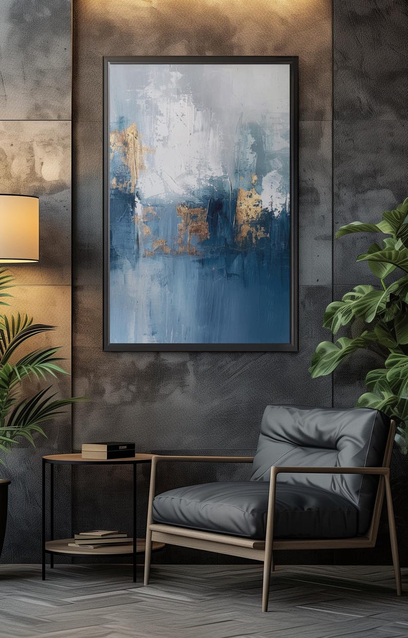 Blue and Gold Abstract Art Print – Modern Textured Wall Decor (digital ...