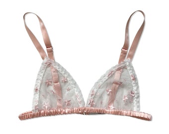 Süß Pastell Rosa Seide Weiß Stern Rüschen Spitze BH Bralette Dessous Geschenke für Mama / LIMITED EDITION Triangle Bralette - Bubblegum