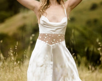 Romantic Retro Silk Slip Dress Bride Lingerie White Wedding New Mom Gift / JANUS Short Gown - Alabaster