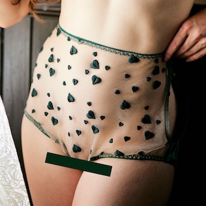 Calcinha de cintura alta com corações retrô, lingerie de veludo, pinup girl, vintage / Rebelde, calcinha de cintura alta - Forêt