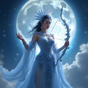 May include: A digital art piece of a woman in a flowing blue gown, holding a bow and arrow. She wears a jeweled headpiece and is set against a backdrop of a full moon and starry sky. The Art of Charlene is written in the bottom right corner.