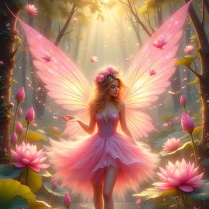 Puede incluir: Ilustración digital de un hada con un vestido rosa y grandes alas rosas detalladas. Se encuentra en un sereno bosque iluminado por el sol, rodeada de flores de loto rosas y nenúfares. La imagen tiene una cualidad suave y etérea.