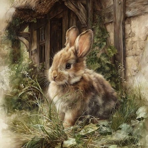 Könnte beinhalten: Ein Aquarellgemälde eines braun-weißen Kaninchens, das in hohem Gras sitzt. Das Kaninchen befindet sich vor einem rustikalen Cottage mit Strohdach und Holzbalken. Die Szene spielt in einer natürlichen Umgebung im Freien.