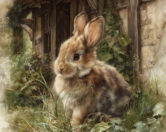 May include: A watercolor painting of a brown and white rabbit sitting in tall grass. The rabbit is in front of a rustic cottage with a thatched roof and wooden beams. The scene is set in a natural, outdoor environment.