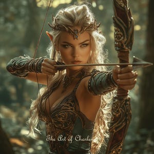 Könnte beinhalten: Ein Fantasy-Bild einer Frau mit langen blonden Haaren, die einen goldenen Kronen und eine verzierte Rüstung trägt und einen Bogen und Pfeil hält. Der Bogen ist braun mit goldenen Akzenten. Das Bild hat einen weichen Fokus mit einem Waldhintergrund. Der Text "The Art of Charlene" steht unten.