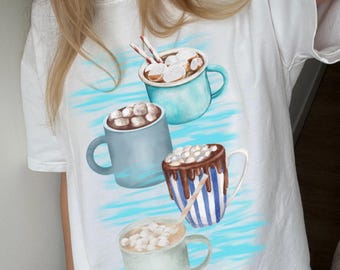 Hot Cocoa Mugs Stack Illustration T-Shirt, Marshmallows, Cozy Drink, Hot Chocolate Lover Gift, Sea, Ocean Tee