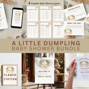May include: A baby shower stationery bundle featuring a dumpling theme with illustrations of a dumpling in a bamboo steamer. Includes invitations, game cards, diaper raffle cards, book request cards, thank you notes, and signage with brown text.