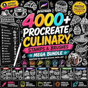 May include: A digital art resource bundle featuring 4000+ Procreate culinary stamps and brushes. The black background displays white chalk-style illustrations of food, drinks, and kitchen tools, with colorful text headers and a tablet interface.