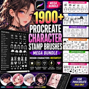May include: A digital Procreate character stamp brush mega bundle featuring over 1900 assets. The display includes a brush library menu, character face and expression guides, hair accessories, clothing, anime stamps, speech bubbles, and various doodles.