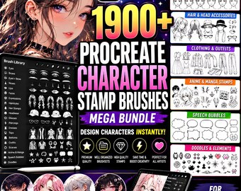 1900+ People & Character Procreate Brushes | Eyes, Hair, Lips, Face, Clothing, Accessories Stamps | Portrait Brushset Bundle