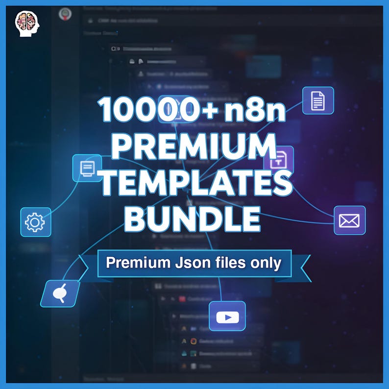 May include: A digital graphic featuring the text 10000+ n8n PREMIUM TEMPLATES BUNDLE and Premium Json files only. The design includes various blue square icons with white symbols connected by thin lines against a dark blue background.