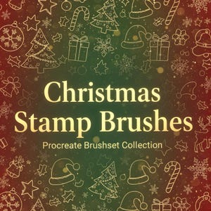 May include: A festive digital art graphic with a red and green gradient background. Outlined Christmas-themed icons like trees, stars, and gifts surround the text "Christmas Stamp Brushes" and "Procreate Brushset Collection."