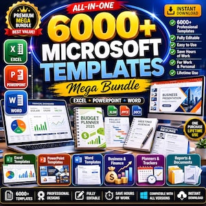May include: A digital product bundle featuring 6000+ Microsoft templates for Excel, PowerPoint, and Word. The graphic displays a laptop and monitor showing business presentations, budget planners, and resumes, with icons for software compatibility and instant download.