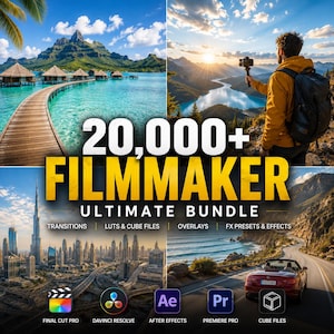 Könnte beinhalten: Eine digitale Produktwerbung mit dem Titel 20,000+ FILMMAKER ULTIMATE BUNDLE, die vier Quadranten mit Landschaftsfotografien zeigt, darunter tropische Hütten, eine Berglandschaft, eine Skyline und eine Küstenstraße mit Software-Symbolen.