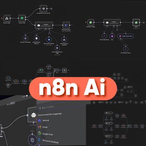 May include: A digital workflow diagram featuring the text n8n Ai in a large orange oval. The graphic displays multiple interconnected nodes, icons for AI agents, chat models, and various software integrations like Microsoft Teams, Discord, and Gmail.