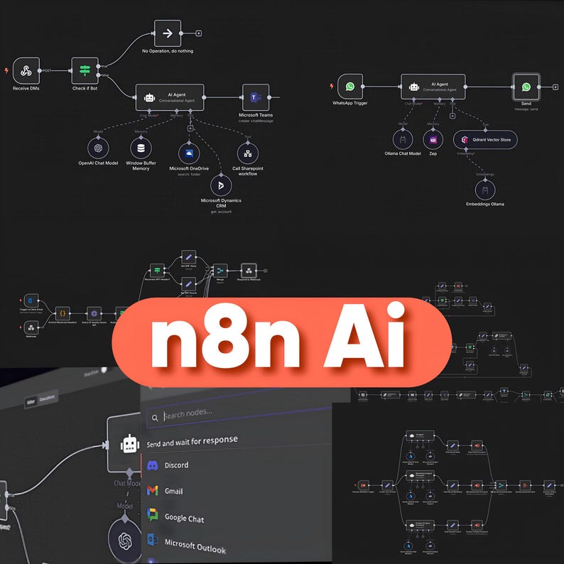 May include: A digital workflow diagram featuring the text n8n Ai in a large orange oval. The graphic displays multiple interconnected nodes, icons for AI agents, chat models, and various software integrations like Microsoft Teams, Discord, and Gmail.