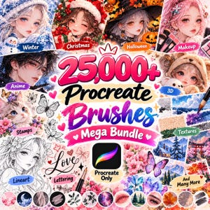 Peut inclure: Une collection numérique de 25 000+ pinceaux Procreate dans un méga pack, présentant diverses catégories artistiques comme l'hiver, Noël, Halloween, le maquillage, l'anime, la 3D, les tampons, les textures, le lineart et le lettrage.