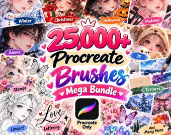 May include: A digital collection of 25,000+ Procreate brushes in a mega bundle, featuring diverse artistic categories like winter, Christmas, Halloween, makeup, anime, 3D, stamps, textures, lineart, and lettering with colorful illustrations.