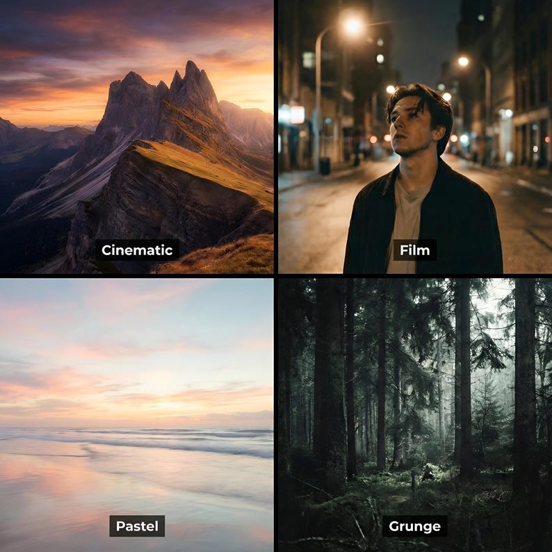 Puede incluir: Un collage de cuatro im&aacute;genes. Arriba a la izquierda, una monta&ntilde;a al atardecer con la palabra "Cinematic". Arriba a la derecha, un hombre en una calle con la palabra "Film". Abajo a la izquierda, una playa con la palabra "Pastel". Abajo a la derecha, un bosque con la palabra "Grunge".