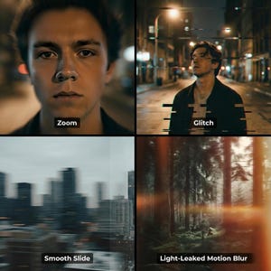 Puede incluir: Un collage de cuatro im&aacute;genes que muestran diferentes efectos visuales. La imagen superior izquierda, etiquetada como "Zoom", presenta un primer plano de un rostro. La imagen superior derecha, etiquetada como "Glitch", muestra a una persona en un entorno urbano. Las im&aacute;genes inferiores son "Smooth Slide" y "Light-Leaked Motion Blur".