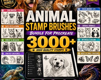 3000+ Procreate Animal Stamp Brushes Bundle | Dog Cat Wildlife Sea Animal Stamps | Procreate Brushes Mega Bundle | Digital Drawing Stamps