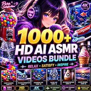 May include: A digital graphic featuring an anime-style character wearing headphones with ASMR text, surrounded by a gumball machine, an aquarium, a tube of Colgate toothpaste, and an ice cream cone. The text reads 1000+ HD AI ASMR VIDEOS BUNDLE.