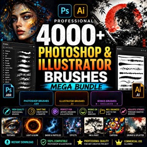 Może przedstawiać: Cyfrowa kolekcja ponad 4000 pędzli do programów Photoshop i Illustrator, zawierająca zestaw tekstur, tuszu, akwareli, szkiców, stylu grunge, cząsteczek, światła, blasku, dymu, natury, abstrakcji, rozprysków, włosów, futra oraz efektów graficznych.