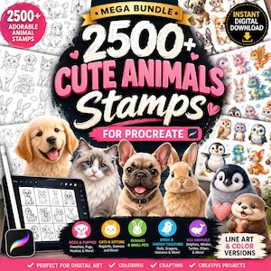 May include: A digital product bundle featuring 2500+ cute animal stamps for Procreate. The graphic displays a tablet showing line art, surrounded by realistic images of a golden retriever puppy, a cat, a French bulldog, a rabbit, and a penguin.