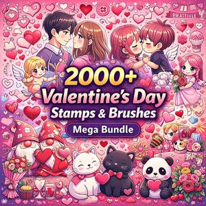 2000+ Procreate Valentine’s Day Stamps & Brushes Mega Bundle | Hearts, Cupid, Roses, Chibi Couples, Cute Animals, Cards, Love Text and more