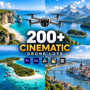 Puede incluir: Un dron gris sobre un collage de cuatro paisajes que muestran una playa, montañas, una isla tropical y un río urbano. El texto dice 200+ CINEMATIC DRONE LUTS con iconos para Premiere, After Effects, DaVinci, Final Cut y CapCut.