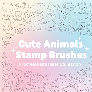 May include: A collection of cute animal stamp brushes for digital art. The image features various cartoon animals, including bears, cats, dogs, and rabbits, in a black outline style. The text "Cute Animals Stamp Brushes Procreate Brushset Collection" is displayed on a pastel gradient background.