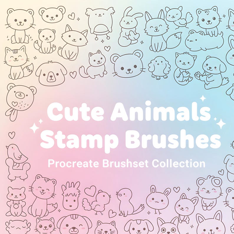 May include: A collection of cute animal stamp brushes for digital art. The image features various cartoon animals, including bears, cats, dogs, and rabbits, in a black outline style. The text "Cute Animals Stamp Brushes Procreate Brushset Collection" is displayed on a pastel gradient background.