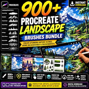 Könnte beinhalten: Ein digitales Set mit über 900 Procreate-Landschaftspinseln auf schwarzem Hintergrund mit weißem Text und farbenfrohen Naturillustrationen. Das Paket enthält Kategorien wie Wolken, Berge, Bäume, Stadtansichten und Gras für digitale Kunst.