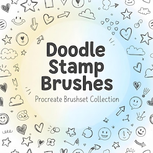 May include: A digital art graphic featuring a collection of doodle stamp brushes. The image includes various hand-drawn elements like hearts, stars, clouds, arrows, and smiley faces. Text reads "Doodle Stamp Brushes" and "Procreate Brushset Collection."