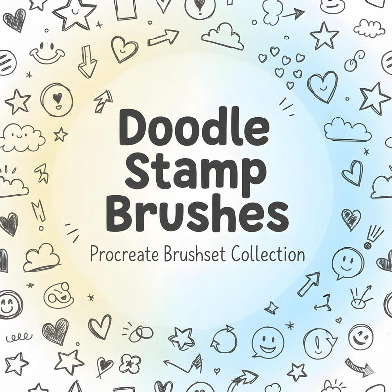May include: A digital art graphic featuring a collection of doodle stamp brushes. The image includes various hand-drawn elements like hearts, stars, clouds, arrows, and smiley faces. Text reads "Doodle Stamp Brushes" and "Procreate Brushset Collection."