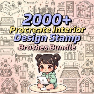 May include: An illustration advertising a Procreate Interior Design Stamp Brushes Bundle. The image shows a cartoon girl with dark hair and a green hoodie holding a tablet. Various line drawings of furniture and home decor surround her.