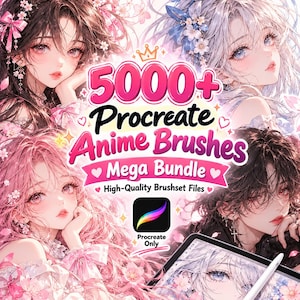 Może przedstawiać: Cyfrowa reklama produktu 5000+ Procreate Anime Brushes Mega Bundle przedstawiająca cztery postacie w stylu anime z różowymi, brązowymi i białymi włosami, kwiatowymi akcentami oraz ikonę aplikacji Procreate z rysikiem na tablecie.