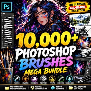 May include: A digital collection of 10,000+ Photoshop brushes featuring a central anime-style character, a brush panel, and various artistic samples. The text reads 10,000+ PHOTOSHOP BRUSHES MEGA BUNDLE and THE ULTIMATE ALL-IN-ONE COLLECTION.
